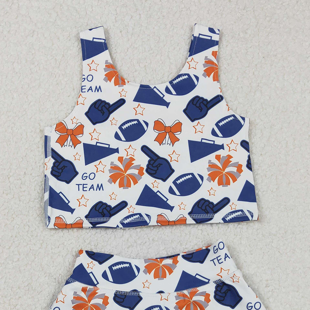 RTS NO MOQ （In stock）GSD2694 Baby Girls Yoga Sets Team Navy Footballs Yoga Sets Vest Top Short Skirts Fitness Clothing