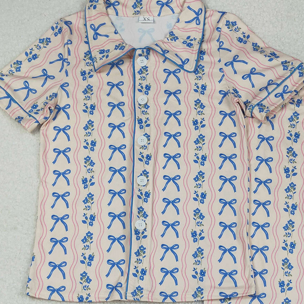 RTS NO MOQ （In stock）GSPO2051 Adult women's pajamas set Adult Women Blue Bows Flowers Stripe Button Top Pant Pajamas Set