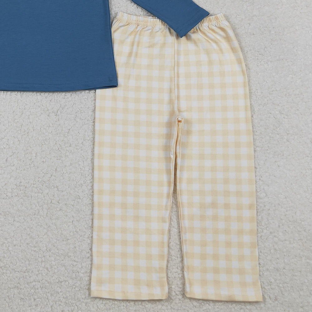 10.13 RTS NO MOQ （In stock）BLP1176 Baby Boys Winter Outfits Embroidery Turkey Pumpkins Baby Boys Plaid Pant Thanksgiving Clothes Set