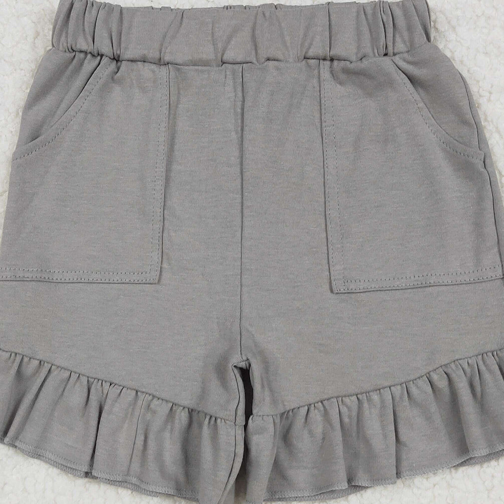 7.06 SS0563 RTS NO MOQ Baby Girls Summer Shorts Baby Girls Gray Pockets Summer Cotton Ruffle Short Bottoms
