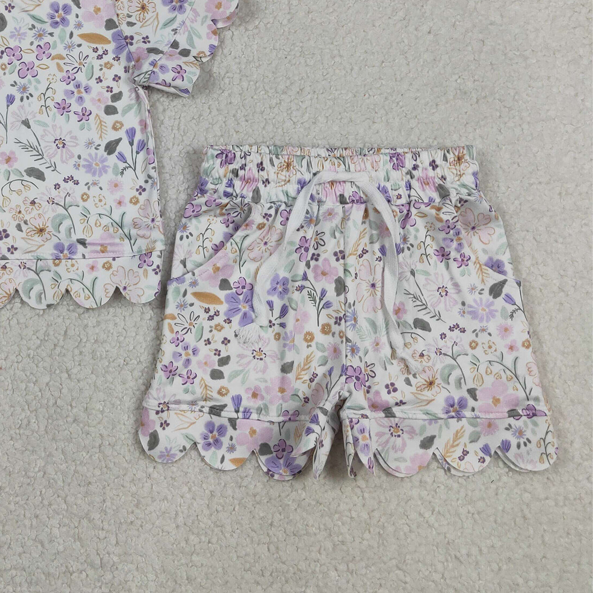 GSSO3267 RTS NO MOQ （In stock ）Lavender floral scallop top shorts girls summer clothes