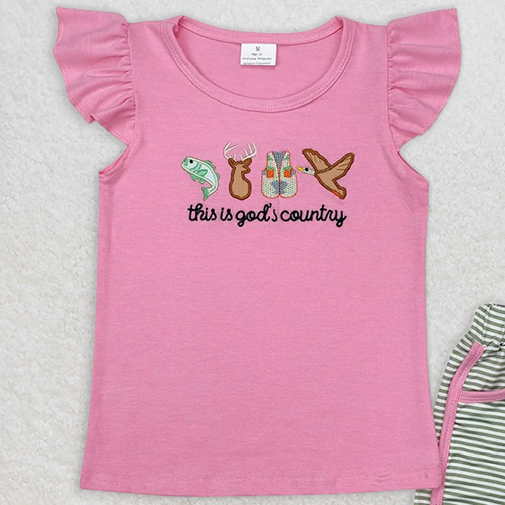 GSSO1614RTS NO MOQ Baby Girls Summer Outfits Baby Girls Embroidery God Country Hunting Shirt Bow Shorts Clothes Sets