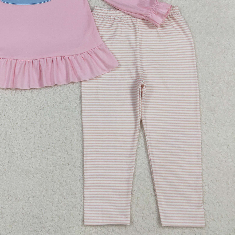 10.10 RTS NO MOQ （In stock）GLP2698 Baby Girls Winter Outfits Embroidery Ducks Baby Girls Pink Tunic Stripe Leggings Pant Clothes Set