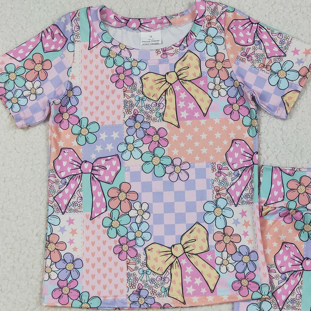 4.12 GSSO2509RTS NO MOQ Baby Girls Colorful Flower Bow Print Shorts Set