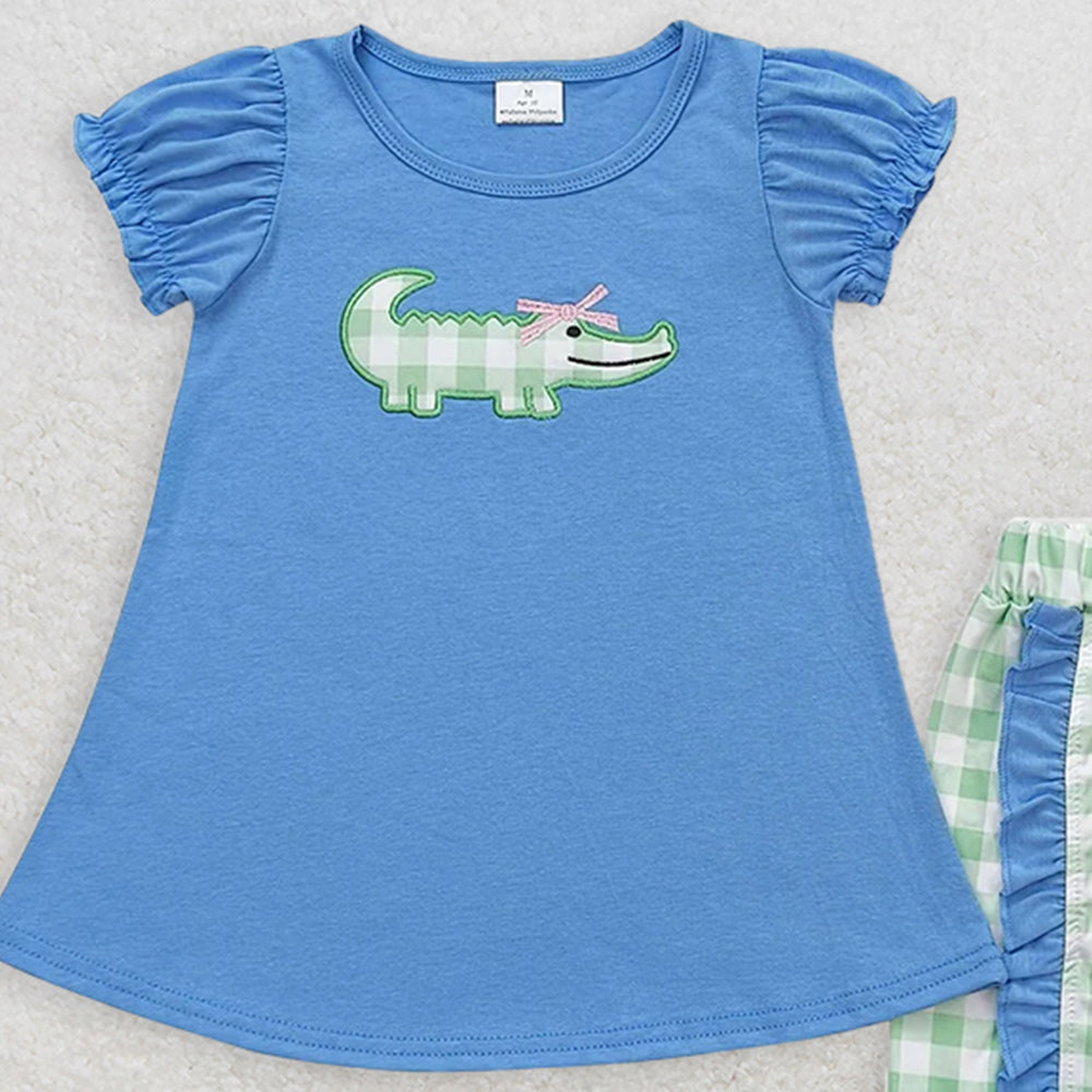 GSSO0850RTS NO MOQ Baby Girls Summer Outfits  Embroidered bow crocodile blue short-sleeved green plaid shorts suit