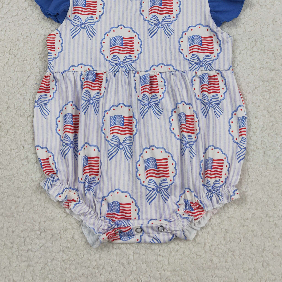 SR4029 RTS NO MOQ （In stock）Flutter sleeves bow flag stripe baby girls 4th of july romper