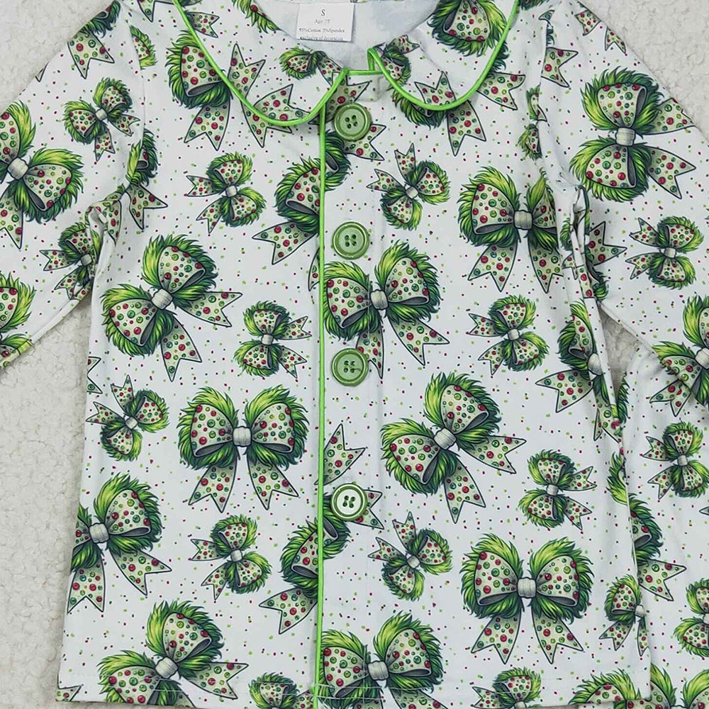 8.23 RTS NO MOQ （In stock）GLP2582 Baby Girls Winter Outfits Baby Girls Fur Sleeves Green Bows Plaid Button Top Pant Christmas Pajamas Set