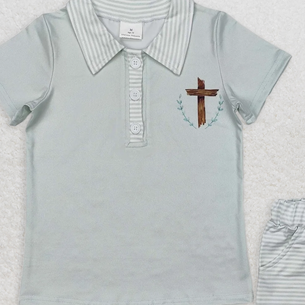 BSSO1025RTS NO MOQ Baby Boys Summer Boys Outfits Baby Boys Easter Cross Tee Shorts Clothes Sets