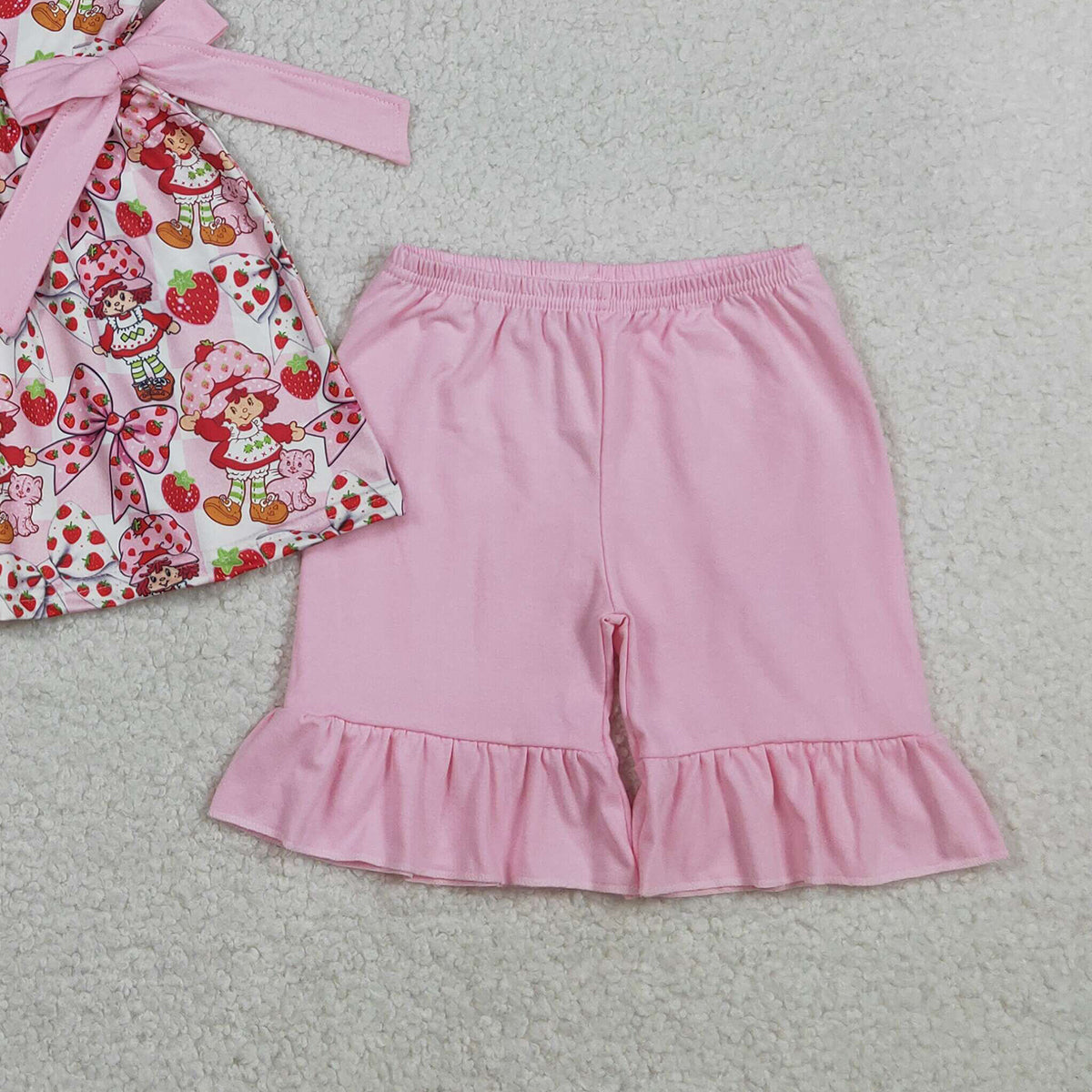 3.28 RTS NO MOQ （In stock）GSSO3104 Sleeveless strawberry bow tunic ruffle shorts girls outfits