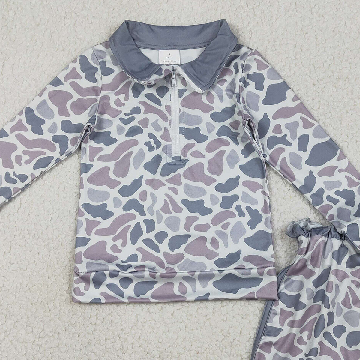 1.19 RTS NO MOQ （In stock）GLD1548 Baby Girls Southern Light Grey Camo Zip Pullover Skirt Shorts Clothes Sets