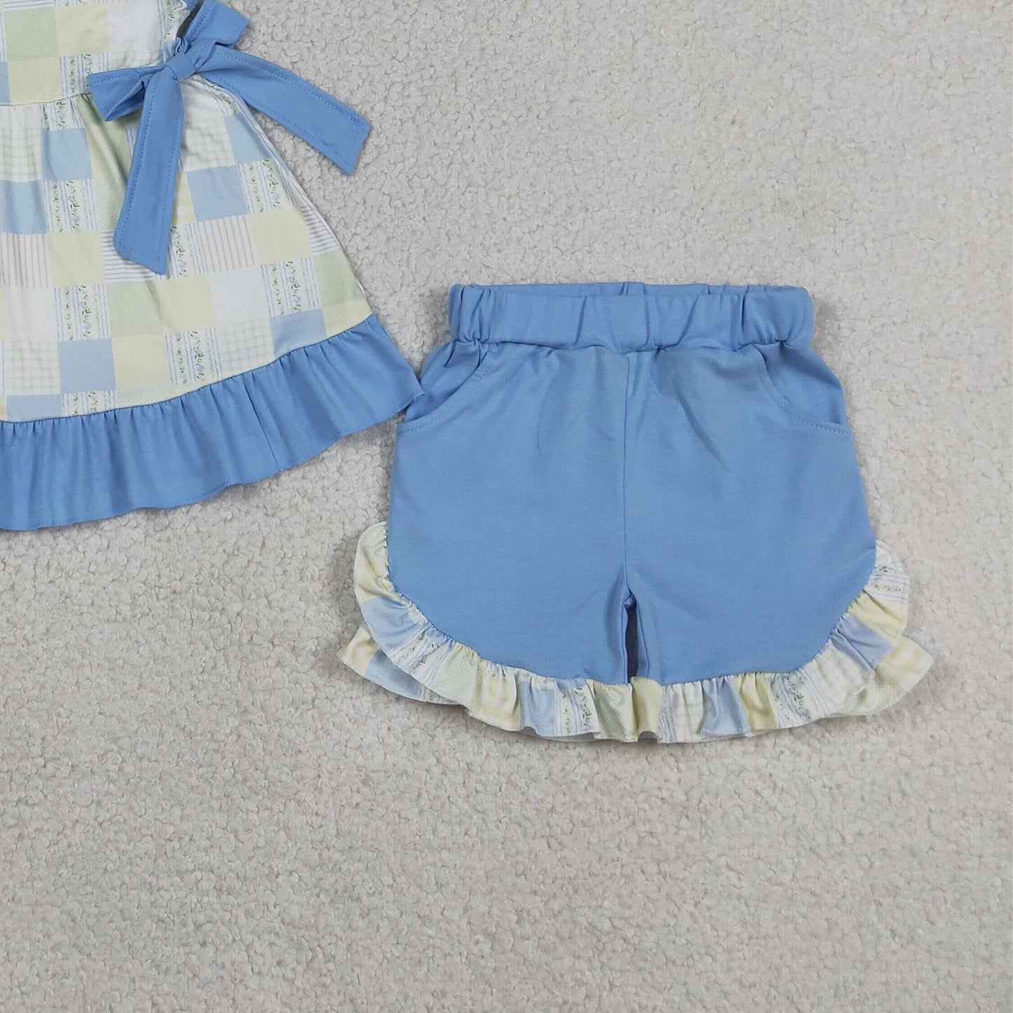 GSSO3439 RTS NO MOQ （In stock ）Sleeveless bow patchwork plaid tunic shorts girls outfits