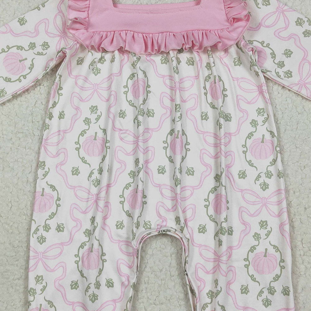 RTS NO MOQ （In stock）LR2255 Baby Girls Winter Rompers Baby Girls Long Ruffle Sleeves Pink Pumpkins Bows Plaid Pant Rompers