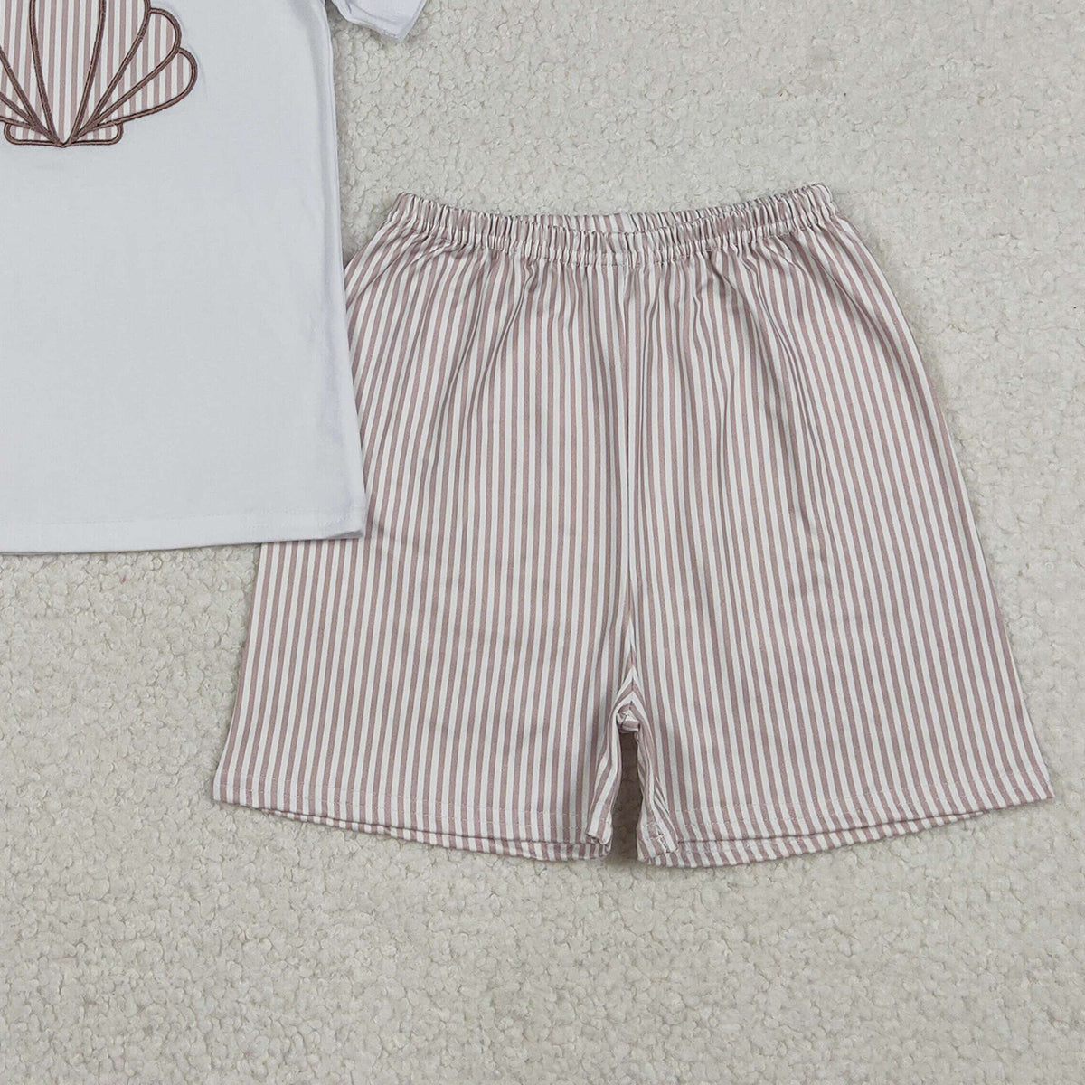 12.23 RTS NO MOQ （In stock）BSSO1618 Embroidery Shells Baby Boys Shirt Top Stripe Shorts Clothes Sets