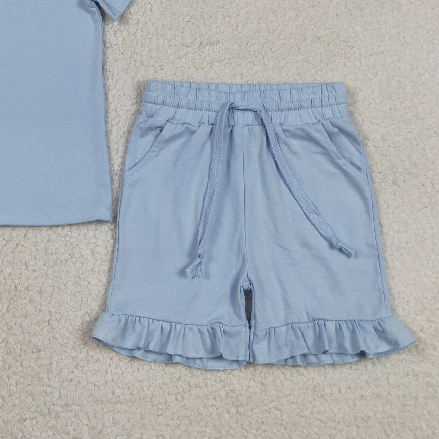 GSSO3349 RTS NO MOQ （In stock ）Short sleeves light blue cotton top ruffle shorts girls outfits）