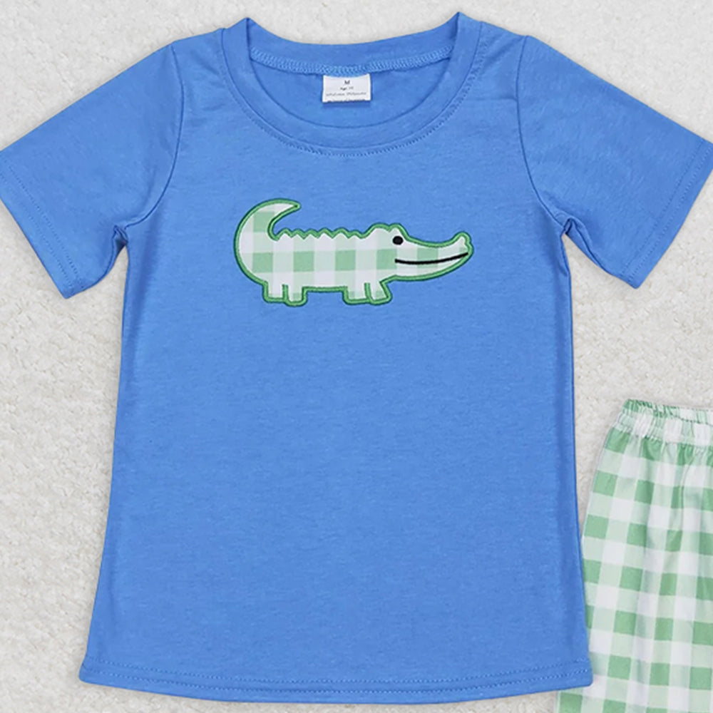 BSSO0736 RTS NO MOQ Baby Boys Summer Boys Outfits Baby Girls Crocodile Shirt Green Checkered Sibling Shorts Clothes Sets