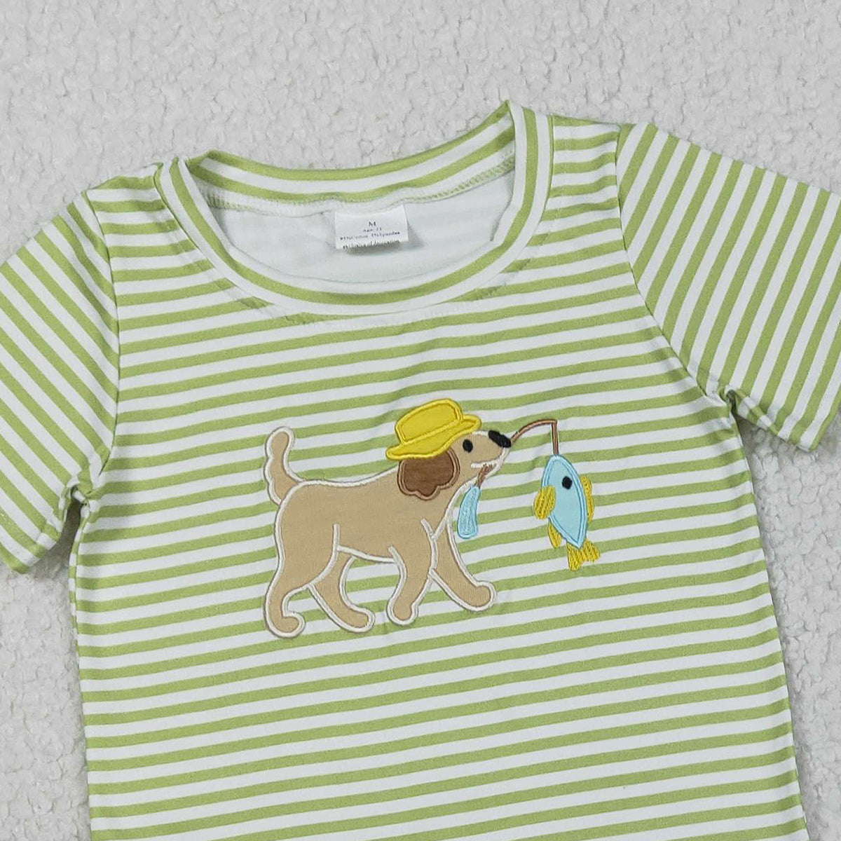 1.27 RTS NO MOQ （In stock）BSSO1768 Embroidery Dog Fishes Baby Boys Green Stripe Top Pockets Shorts Hunting Clothes Sets