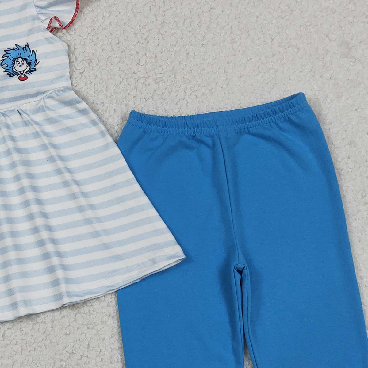 3.17 RTS NO MOQ （In stock）GSPO2136 Summer Baby Girls Blue Stripe Mr Reading Tunic Ruffle Pants Clothes Sets
