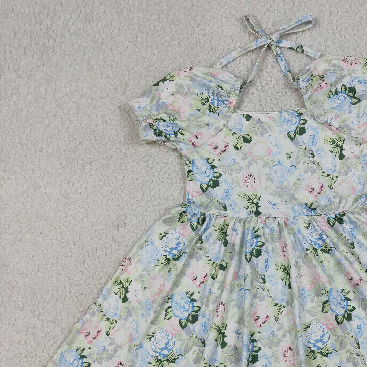 3.19 RTS NO MOQ （In stock）GSD3615 Kids Fashion Clothes Baby Girls Short Sleeve Ruffle Colorful Flowers Knee Length Dresses