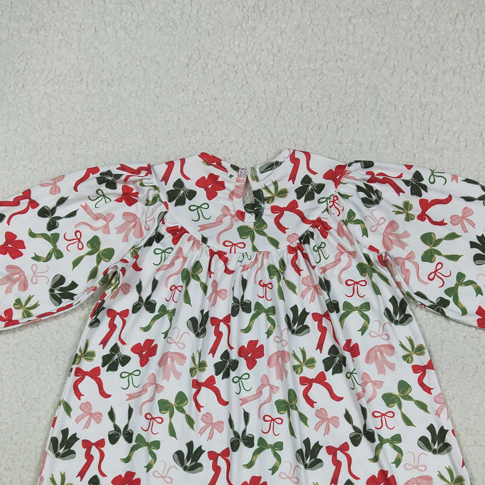 RTS NO MOQ （In stock）GLD1094 Baby Girls Winter Dress Baby Girls Smocked Embroidery Merry Christmas Colorful Bows Knee Length Dresses