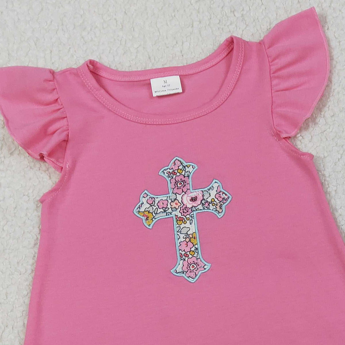 1.26 RTS NO MOQ （In stock）GSSO3069 Embroidery Floral Crosses Baby Girls Tunic Ruffle Shorts Easter Clothes Sets