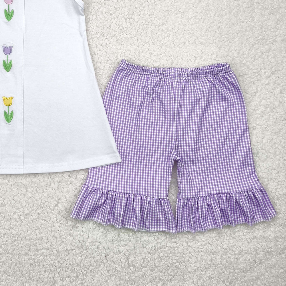 6.27   GSSO2276 RTS NO MOQ Baby Girls Summer Outfits Embroidery baby girl clothes floral sleeveless shorts set
