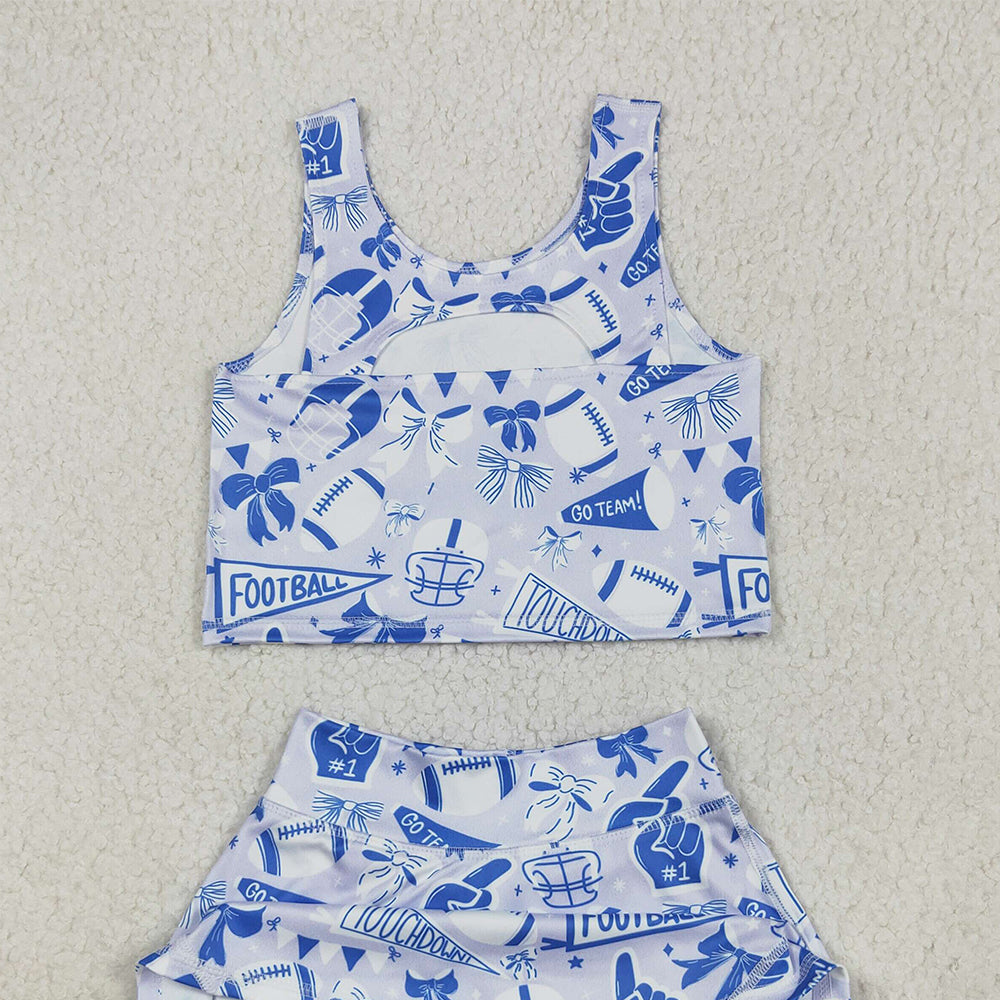 USA Shop (in stock）GSD2688 Baby Girls Yoga Outfits Baby Girls Team Blue Football Bows Vest Top Short Skirts Yoga Set