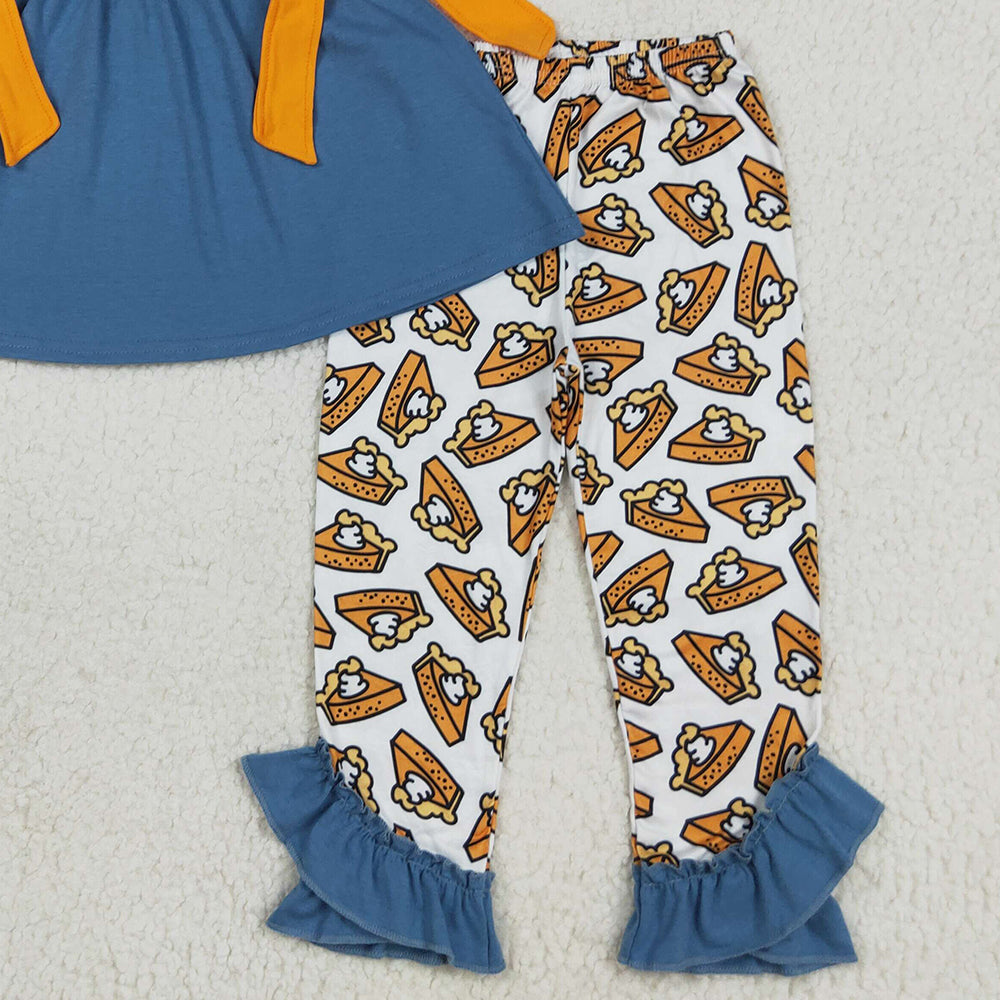 RTS NO MOQ （In stock） GSPO2028 Baby Girl Autumn Outfits Embroidery Baby Girls Navy Thanksgiving Turkey Tunic Ruffle Pants Sets