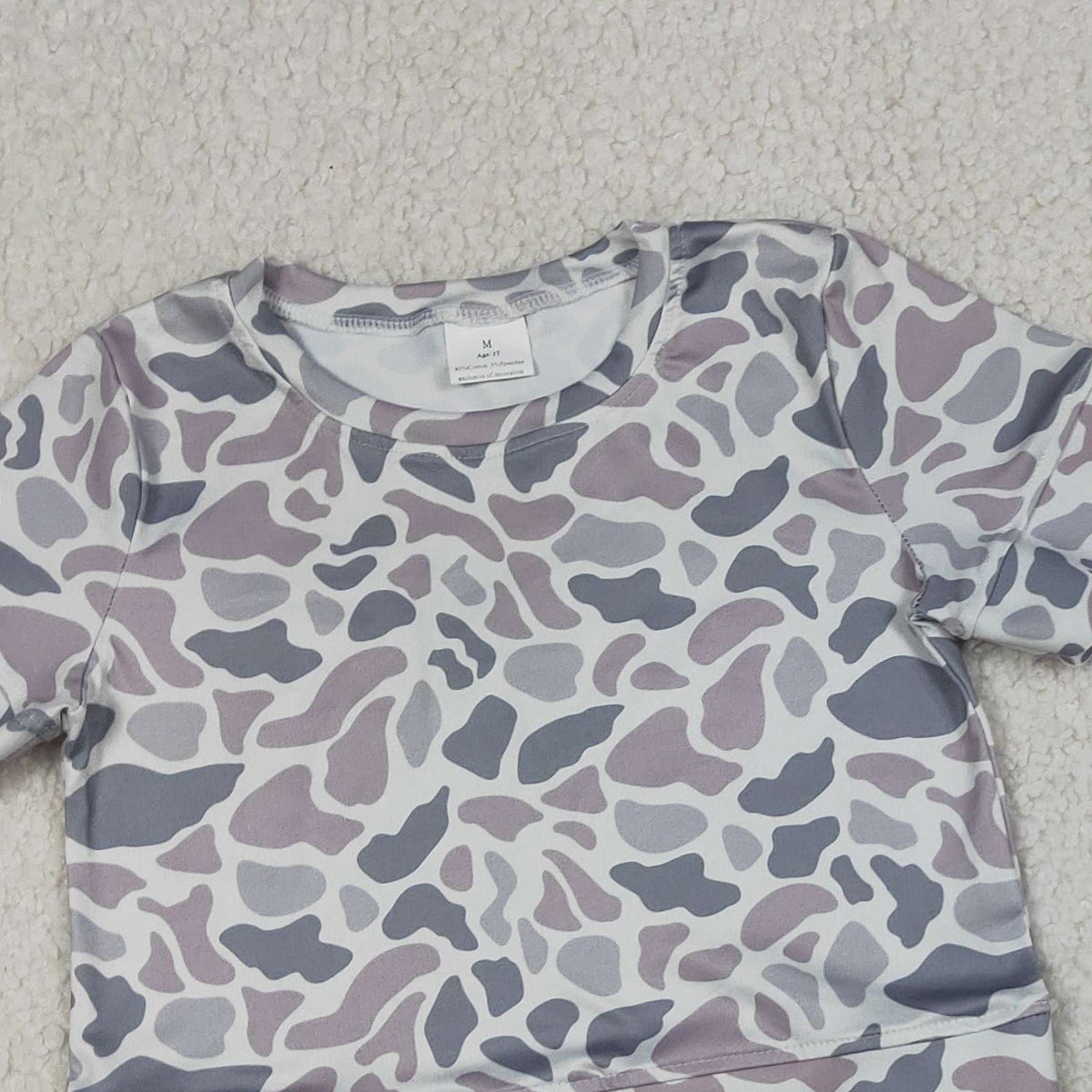 4.3 GSSO3226 RTS NO MOQ （In stock ）Grey camo scallop top shorts girls summer outfit