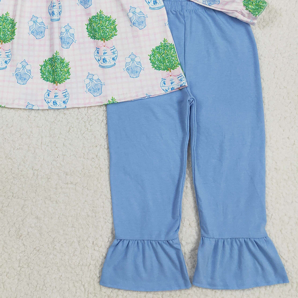 RTS NO MOQ （In stock）GLP2396 Baby Girls Winter Outfits Baby Girls Pink Long Sleeves Plants Tunic Blue Ruffle Pants Sets