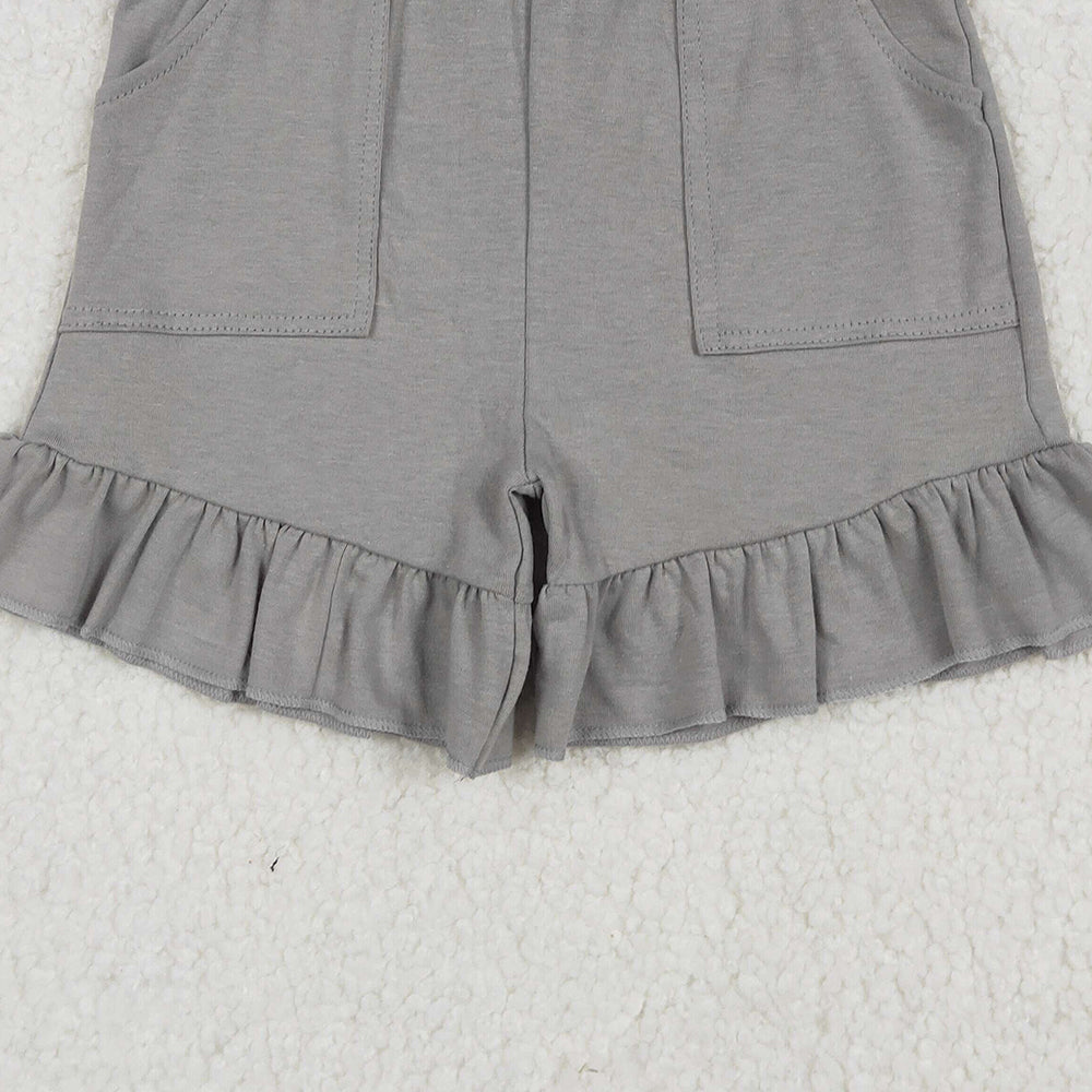 7.06 SS0563 RTS NO MOQ Baby Girls Summer Shorts Baby Girls Gray Pockets Summer Cotton Ruffle Short Bottoms