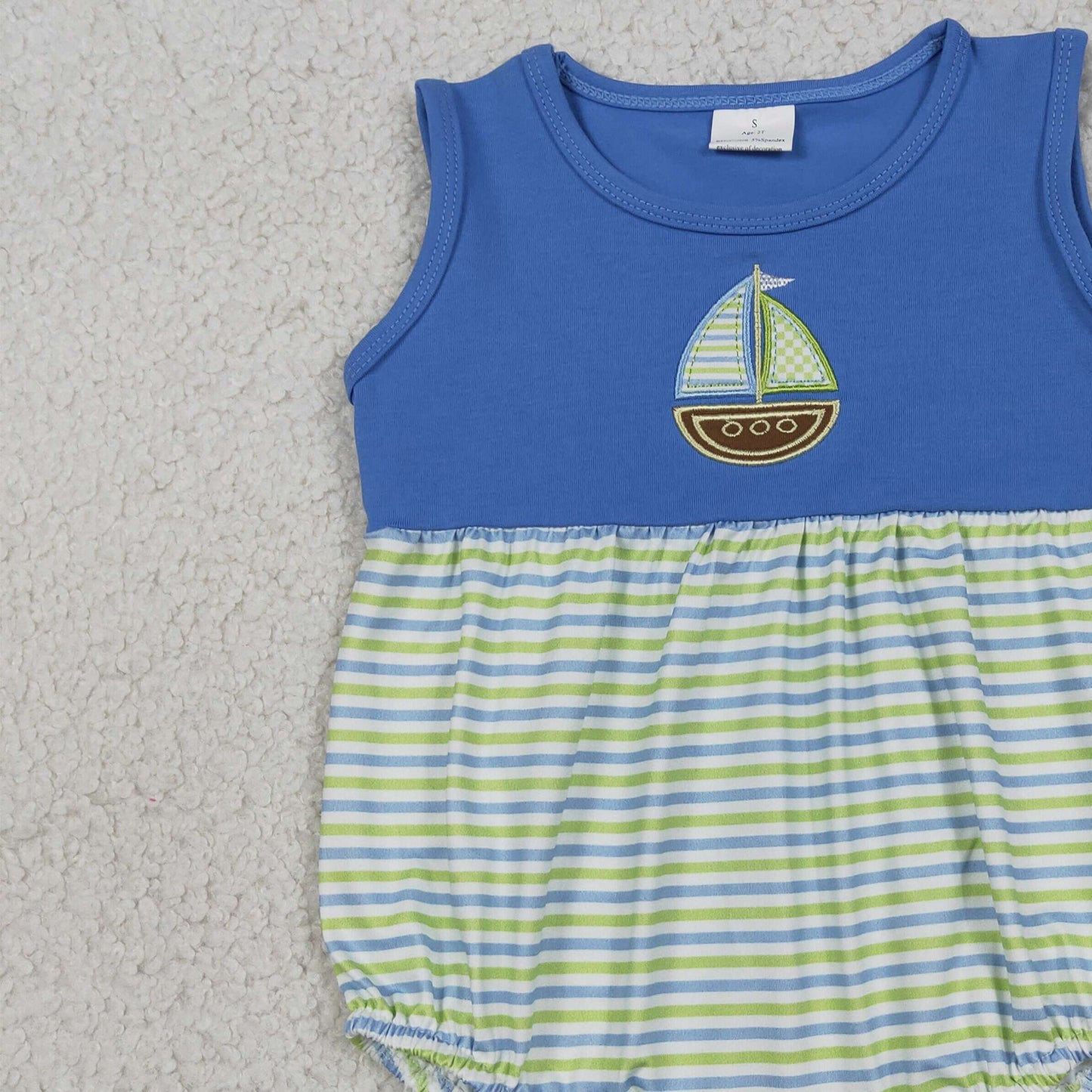 SR3892 RTS NO MOQ （In stock）Sleeveless boat embroidery stripe baby boy romper