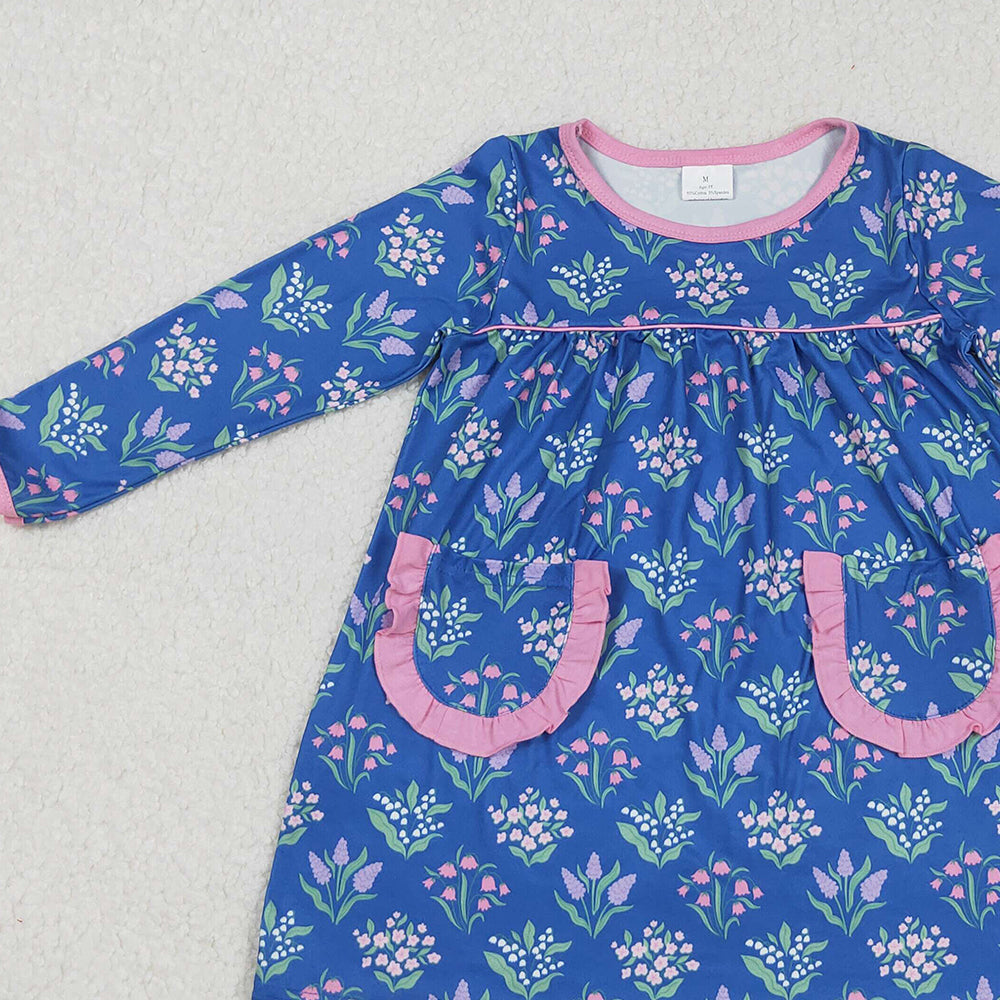 RTS NO MOQ （In stock）GLD1257 Baby Girls Winter Dress Knee-Length Dress with Blue Flowers And Pockets Cute Child's Fashion Outfit