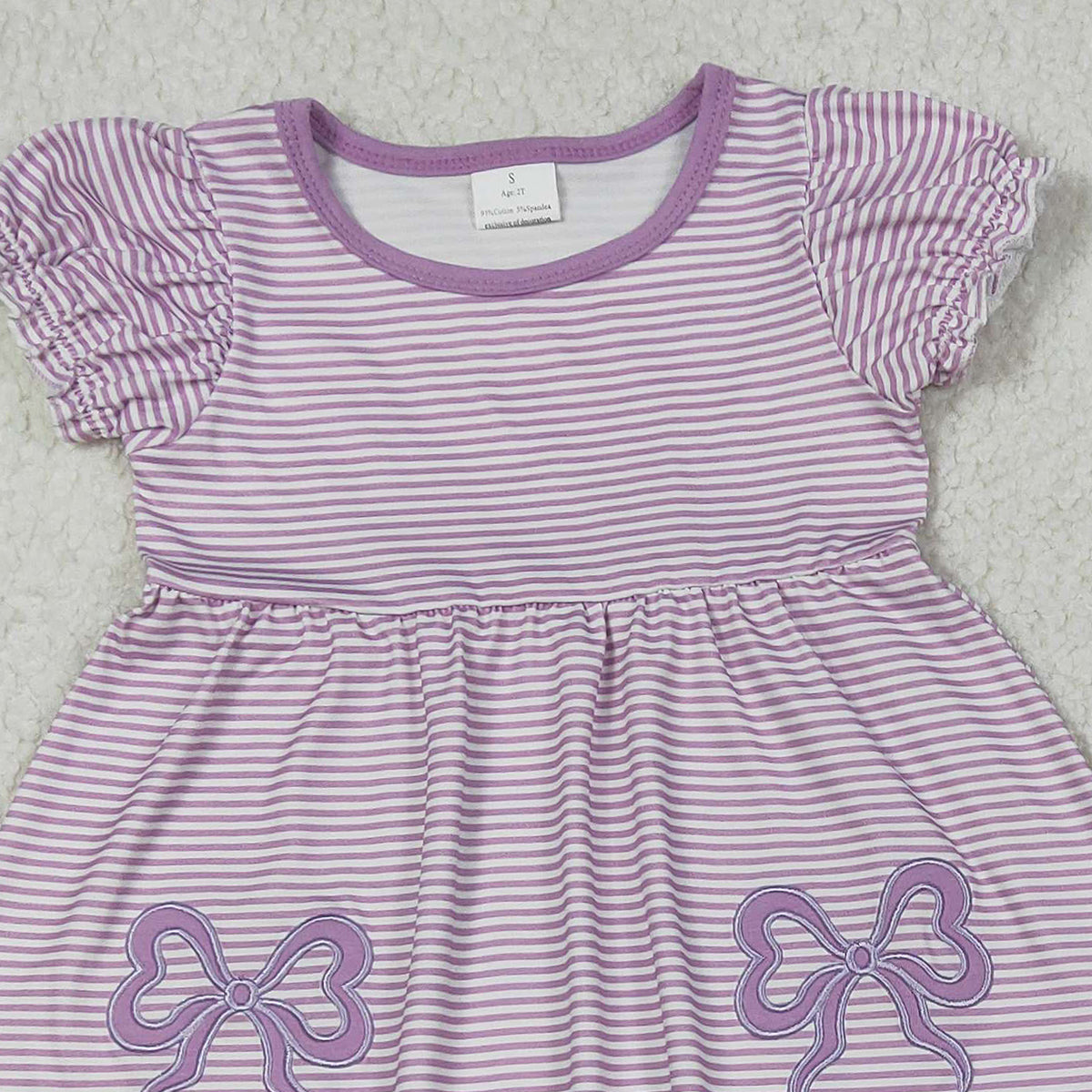 12.9 RTS NO MOQ （In stock）GSPO2153 Embroidery Bows Baby Girls Lavender Stripe Tunic Leggings Pant Clothes Sets