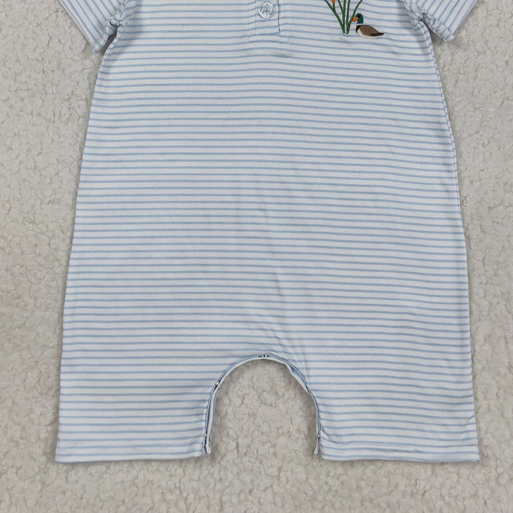 RTS NO MOQ （In stock）SR3149 Baby Boys Summer Rompers Embroidery Baby Boys Blue Stripe Short Sleeves Duck Button Shorts Rompers