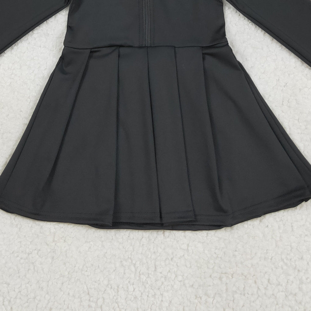 RTS NO MOQ （In stock）GLD1150 Baby Girls Yoga Dress Baby Girls Black Long Sleeves Zipper Yoga Active Wear Dresses