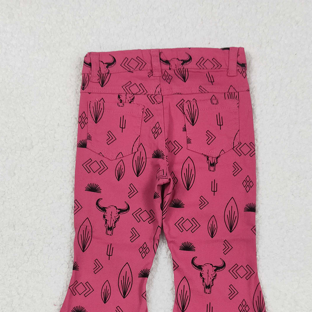 RTS NO MOQ （In stock）P0159 Baby Girls Denim Pants Western Style Pink Cow Embroidered Denim Bell Pants Casual Infant Outfit for Girls
