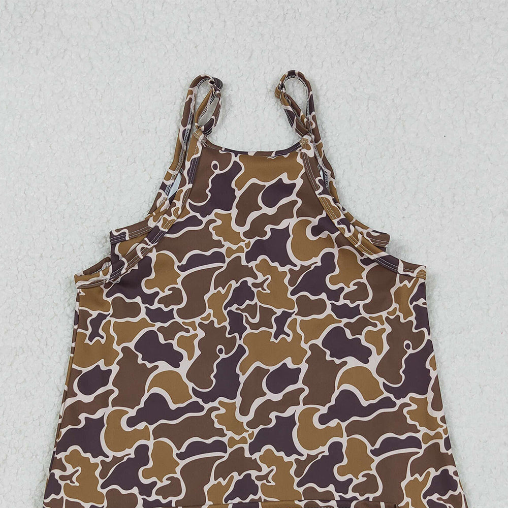 RTS NO MOQ （In stock）GSD2722 Baby Girls Yoga Dress Strap Brown Camo Pockets Yoga Active Knee Length Dresses