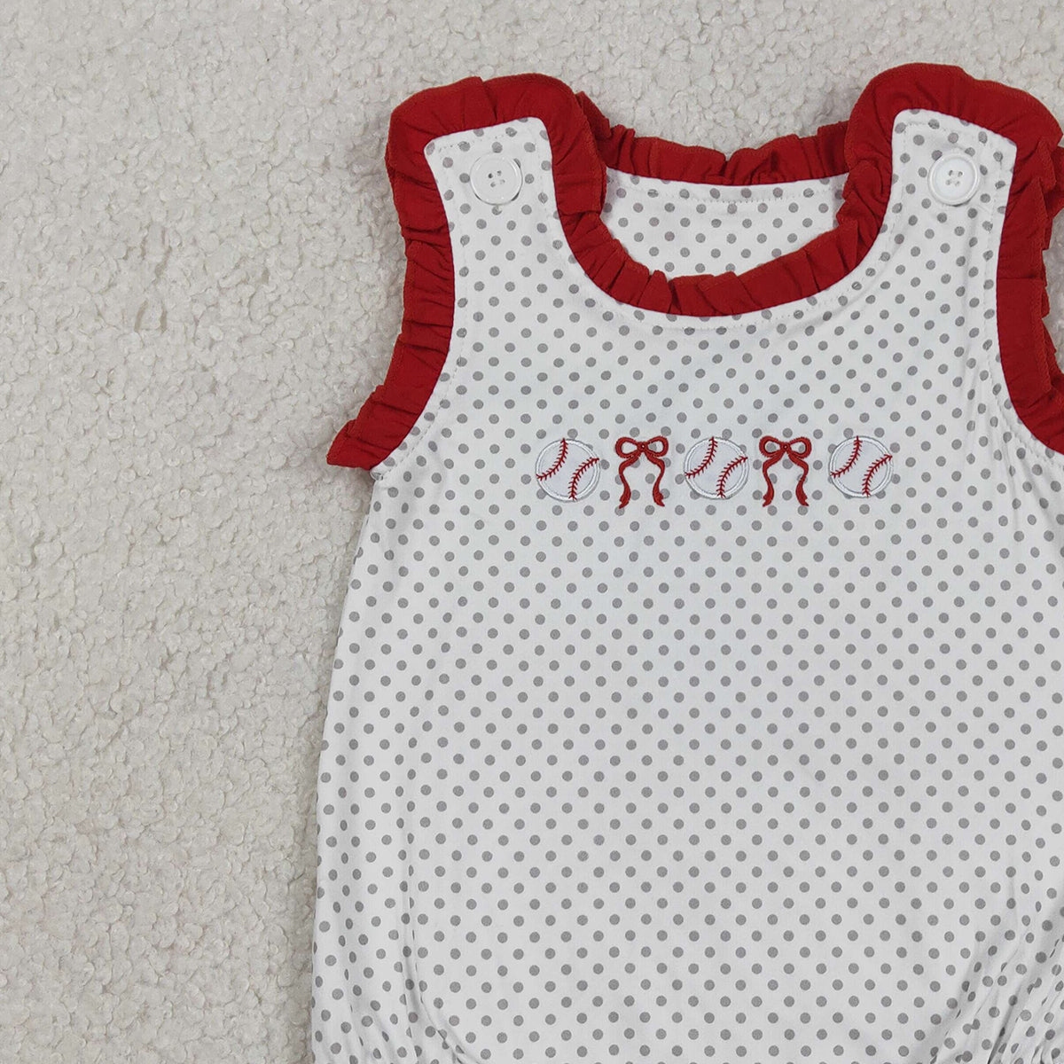 3.14 RTS NO MOQ （In stock）SR3581 Children's Fashion Romper Baby Girls Embroidery Bows Baseballs Polka Dots Team Ruffle Rompers