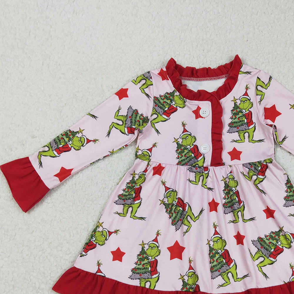 RTS NO MOQ （In stock）GLD1236 Baby Girls Winter Dress  Long Sleeve Christmas Night Dress Red Stars Green Face Festive Holiday Party Dress