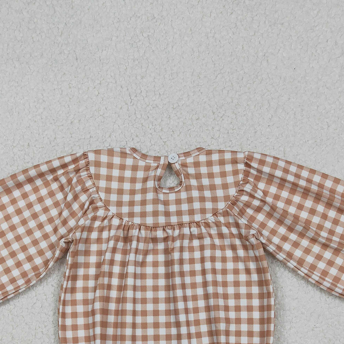 10.27 RTS NO MOQ （In stock）LR2205 Baby Girls Winter Rompers Smocked Turkey Leaves Baby Girls Khaki Checked Thanksgiving Ruffle Rompers