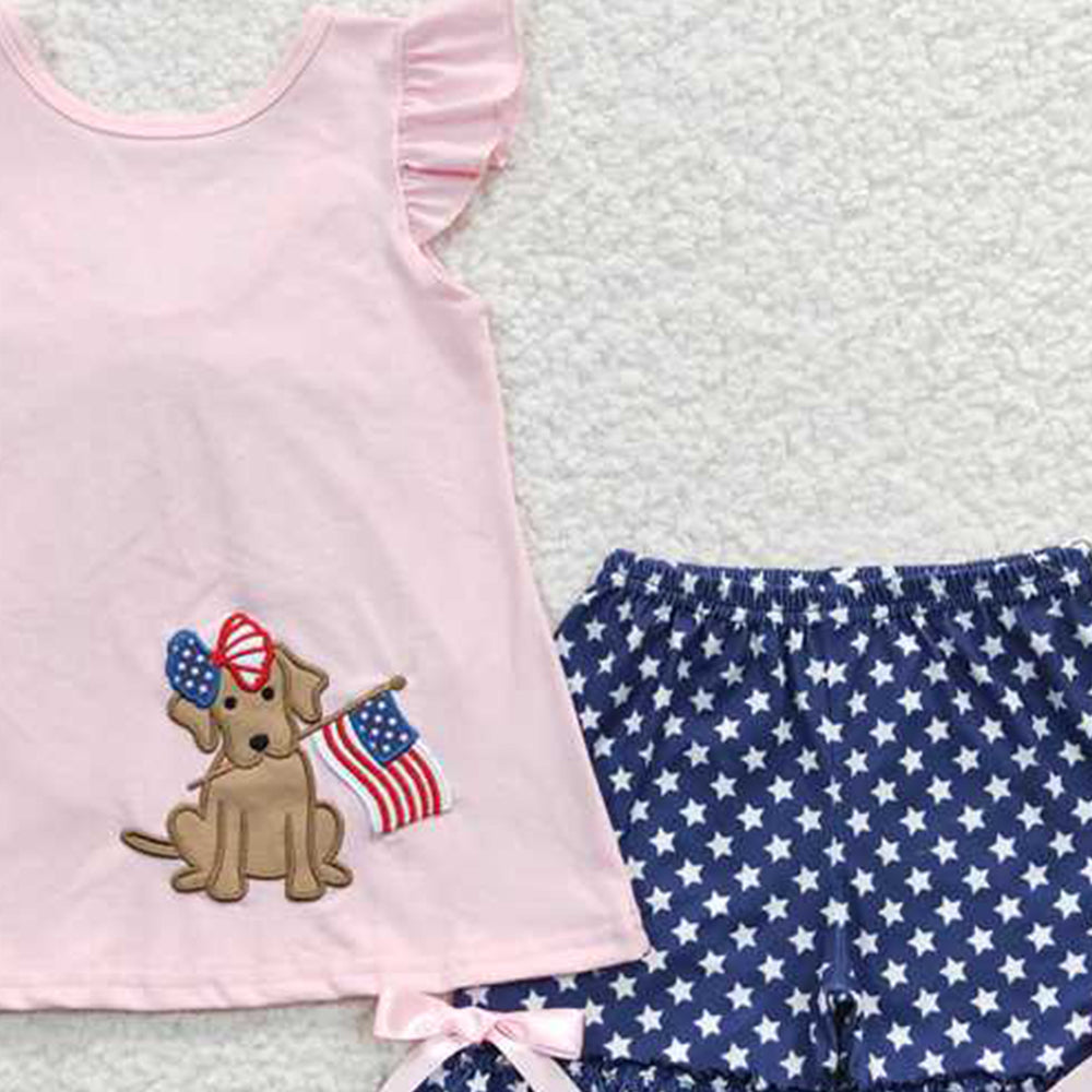 GSSO0236Girls Backless Bow Dog Flag Embroidery 4th of July Clothes Fourth of July Outfit Pet Friendly Patriotic Fashion