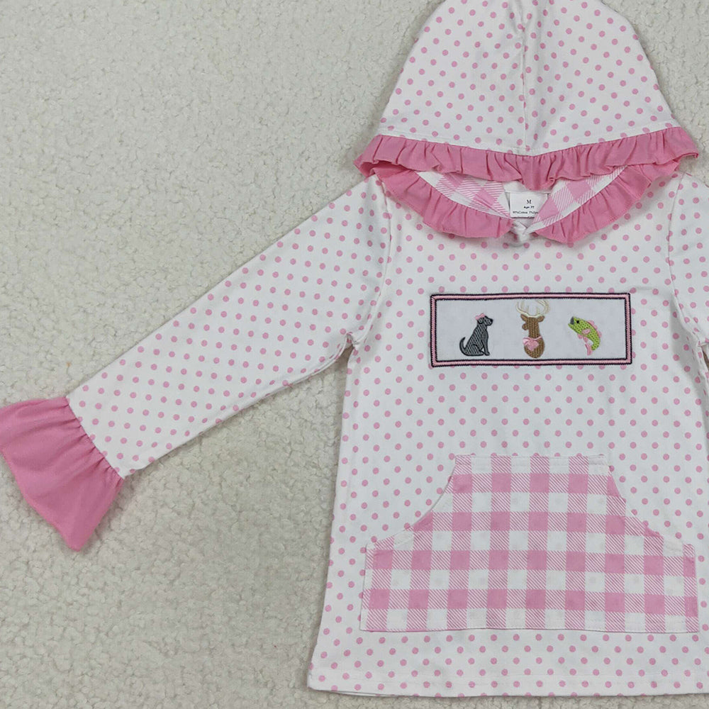 8.21 RTS NO MOQ （In stock）GT1106 Baby Girls Long Sleeve Tops Embroidery Dogs Deer Fish Baby Girls Polka Dots Pocket Hoodies Top