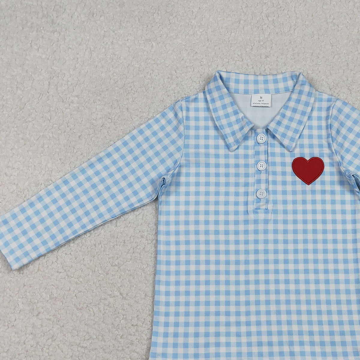 10.28 RTS NO MOQ （In stock）BT1386 Embroidery Hearts Baby Boys Blue Checked Valentine Polo Shirts Top