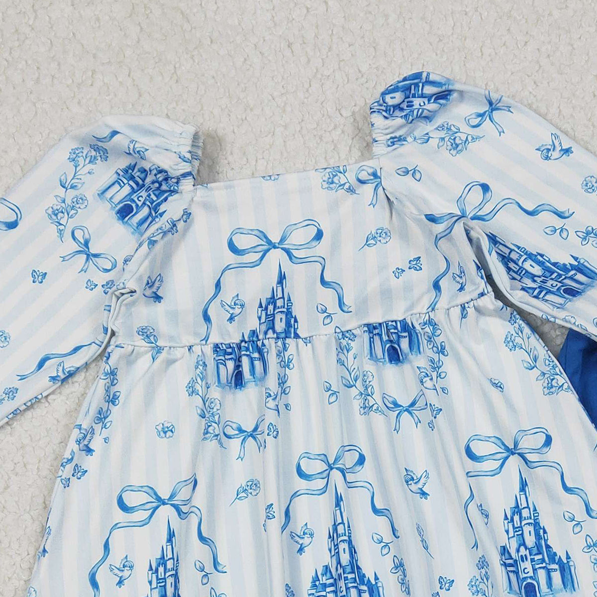 1.14 RTS NO MOQ （In stock）GLP3283 Baby Girls Blue Stripe Bows Castles Tunic Bell Bottom Pants Clothes Sets