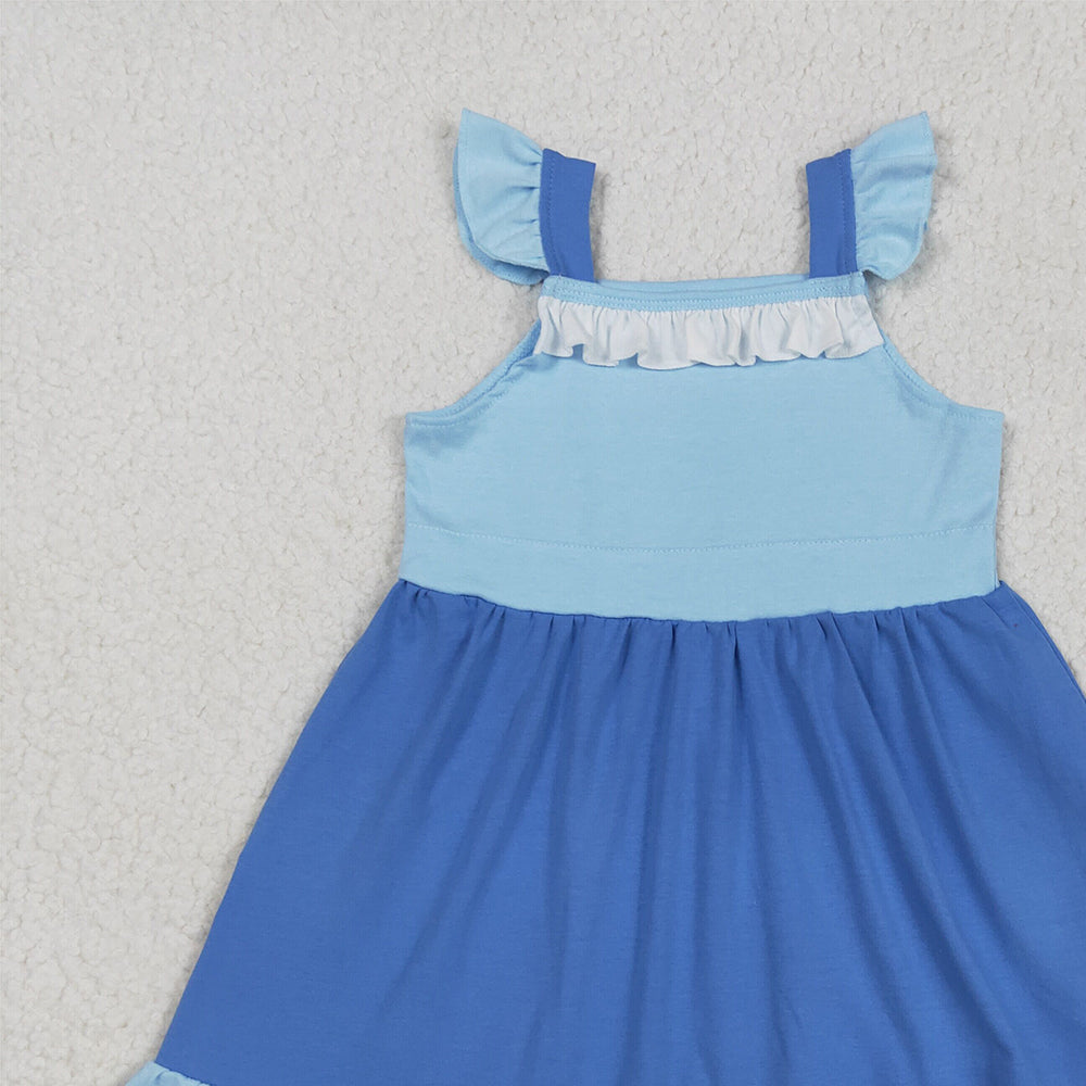GSD2393RTS NO MOQ Baby Girls Summer Dress  baby girl clothes blue flying sleeve dress
