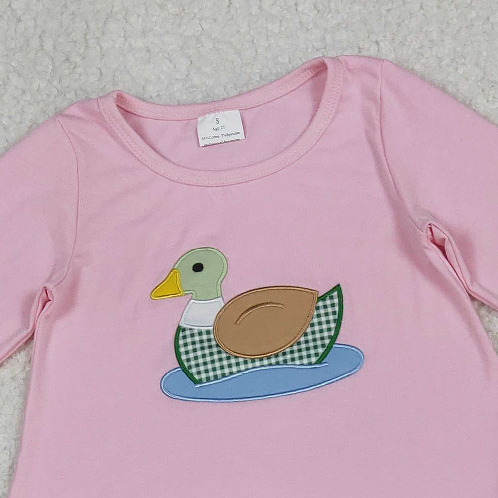 10.10 RTS NO MOQ （In stock）GLP2698 Baby Girls Winter Outfits Embroidery Ducks Baby Girls Pink Tunic Stripe Leggings Pant Clothes Set