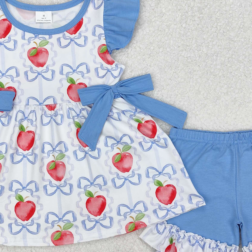 GSSO2114Kids Girls Apple Bow Flutter Sleeve Outfit Back to School Ensemble for Ages 2-12