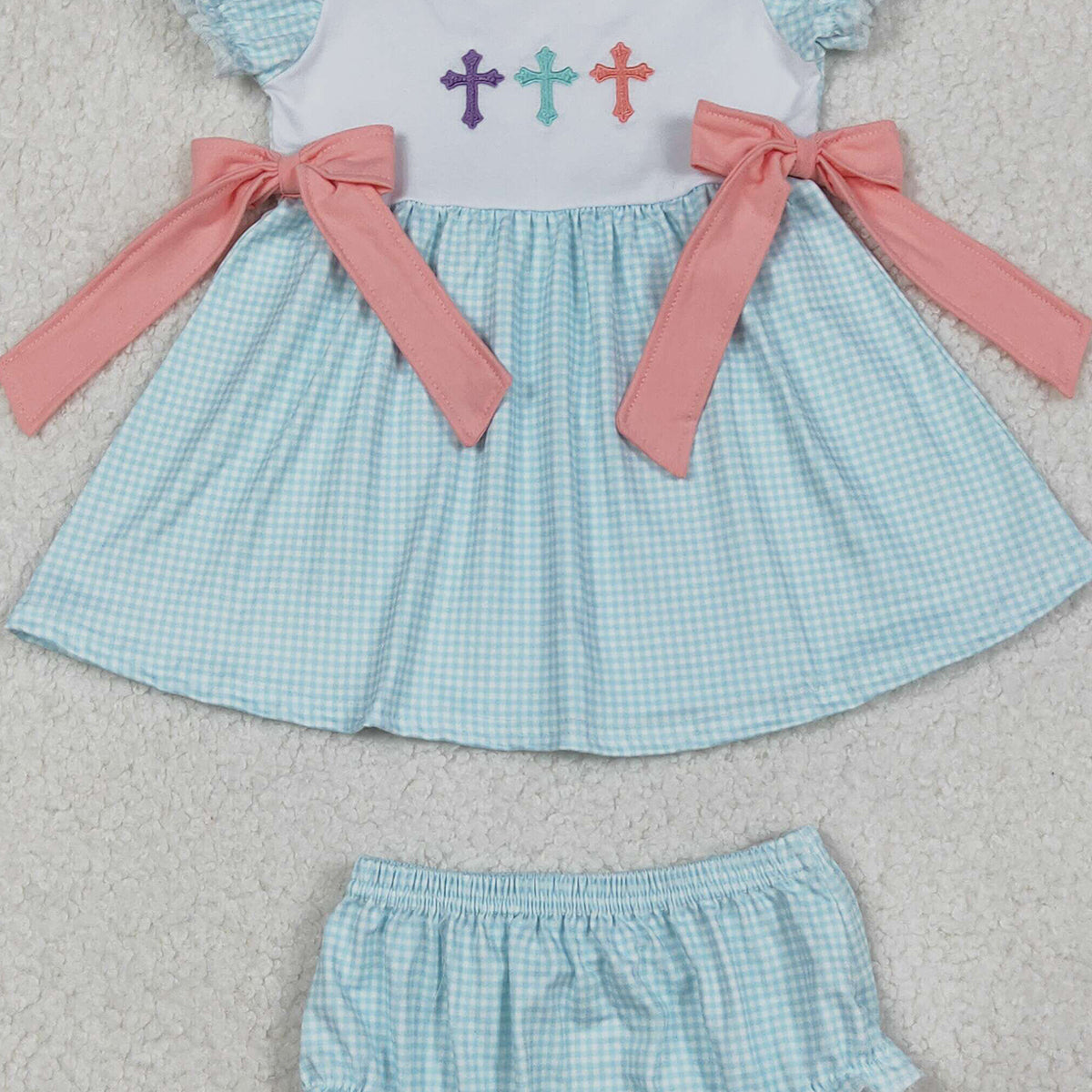 11.1 RTS NO MOQ （In stock）GBO0480 Baby Girls Summer Outfits Embroidery Crosses Baby Girls Bows Tunic Bummies Easter Clothes Sets