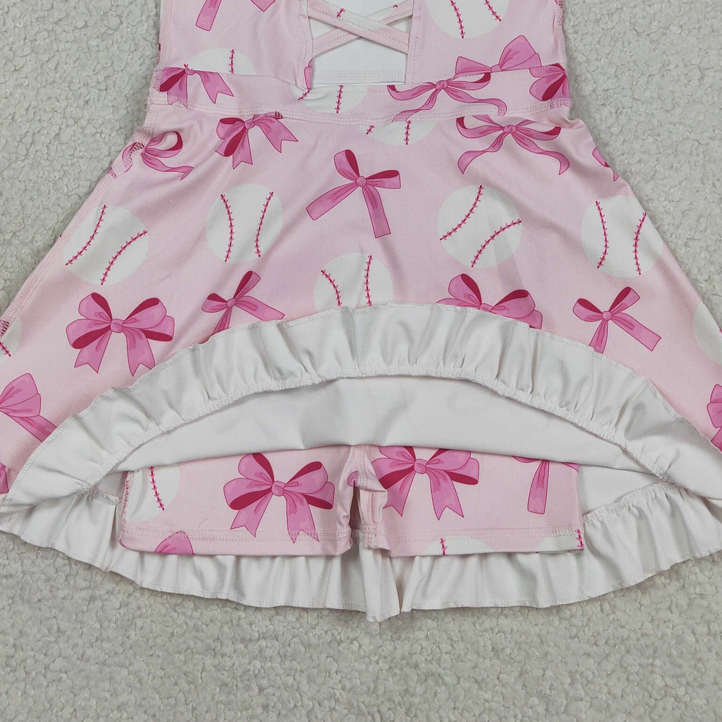 GSD2567 RTS NO MOQ （In stock ）Straps pink bow baseball girls summer athletic dress