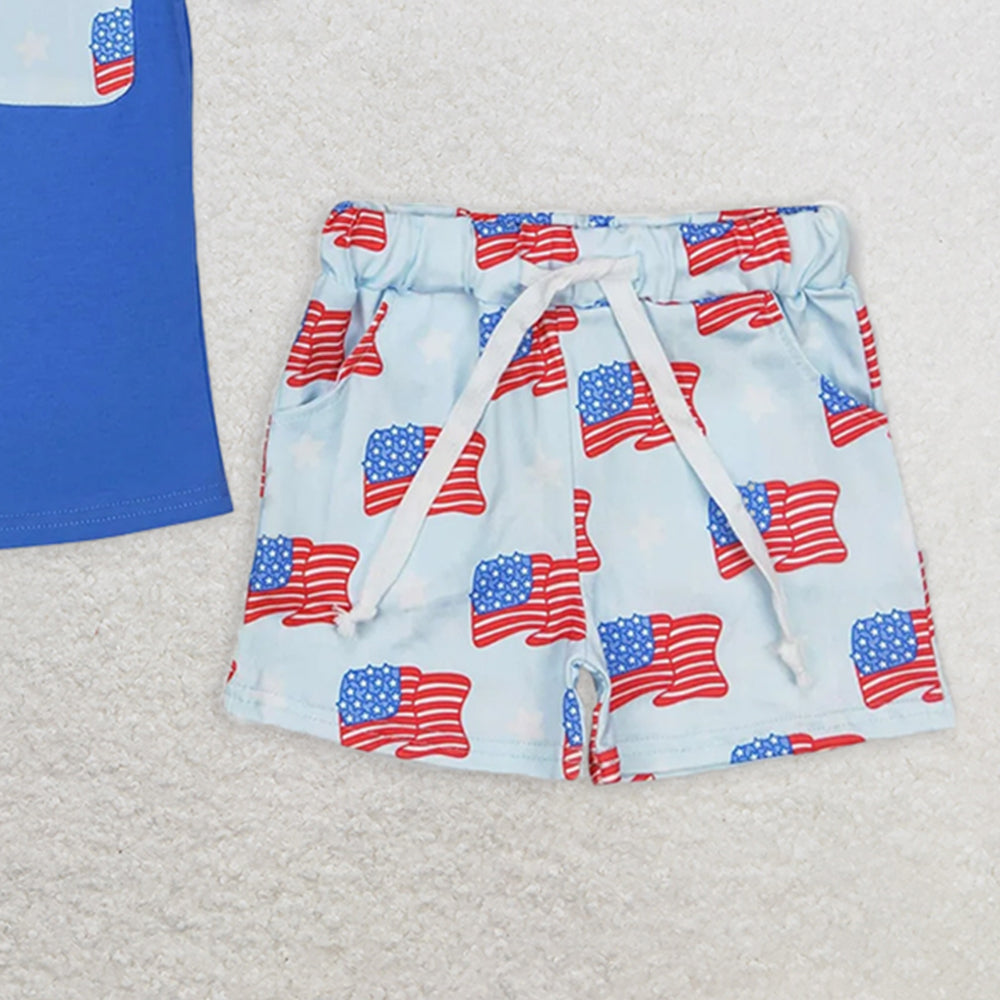 BSSO1258RTS NO MOQ Baby Boys Summer Boys Outfits Baby Boys 4th of July Themed Clothing Set with Flags Pocket Short Sleeve Shirt And Shorts Outfit for Infants